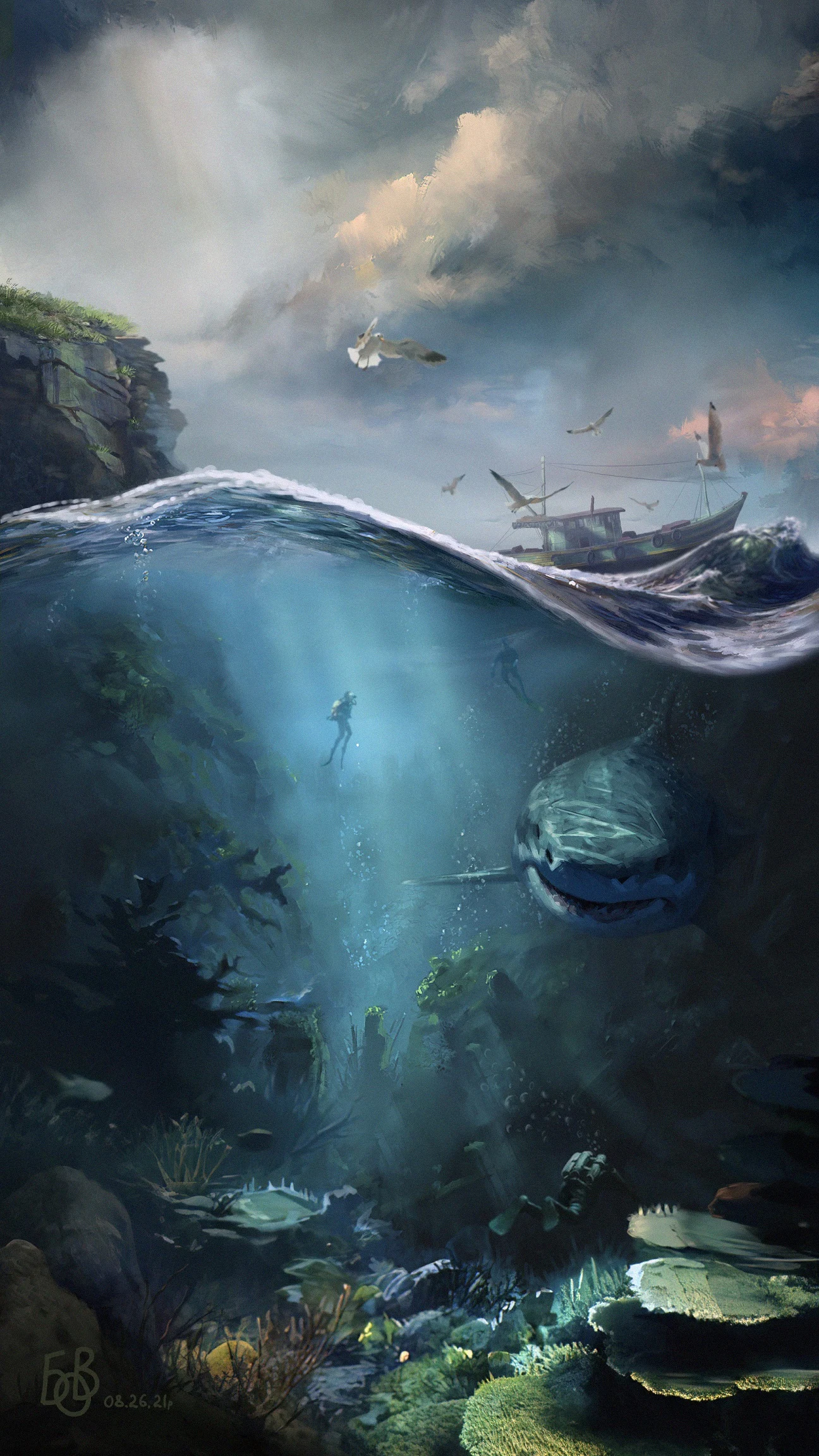 the image presents a splitlevel perspective of the ocean, with the upper half showcasing a turbulent sea with a stormy sky and a partially submerged shipwreck. birds circle above the wreck. below the surface, in the calmer depths, a large shark swims towards the viewer, while a lone scuba diver explores a vibrant coral reef illuminated by beams of sunlight piercing the water. the scene evokes a sense of both beauty and danger, highlighting the vastness and mystery of the underwater world.