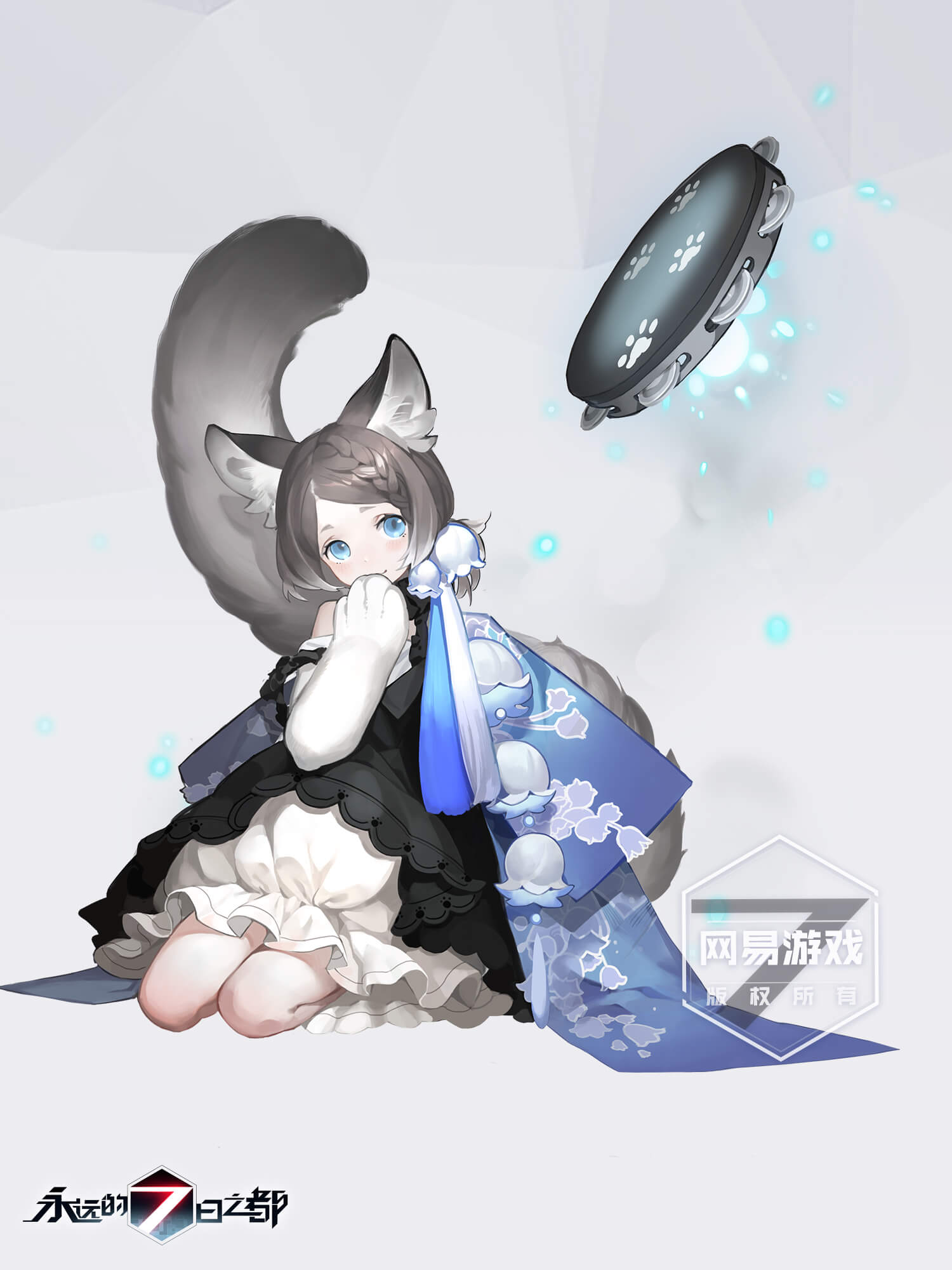the image is of a young anime girl with cat ears and a grey tail. she is wearing a blue and white dress with a black underskirt. she has on white gloves and black boots, and she is holding a tambourine in her right hand. the tambourine is floating in the air, and there are light blue sparkles around it. the girl has blue eyes and grey hair. she is looking down at the tambourine with a happy expression on her face. the background is white.