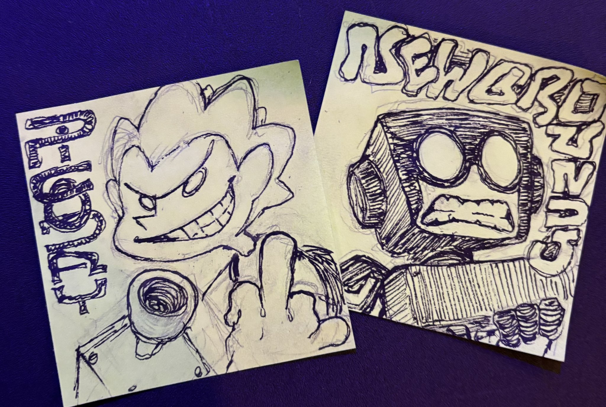 this is a photograph of two sticky notes sidebyside on a purple surface. on the left sticky note, there is a drawing of pico (from pico's school / newgrounds) holding a gun. on the right sticky note, there is a drawing of tankman (from newgrounds). both drawings are black and white doodles. the top of the image is slightly brighter than the bottom, suggesting the light source is above the image.