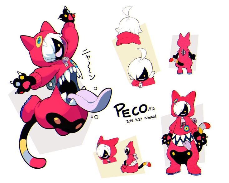 this is a colorful cartoon illustration of an original character named "peco." peco is a cute and colorful, furry cat monster character with a large mouth and sharp teeth. the illustration showcases peco in several poses and angles. peco is wearing a red hooded outfit with black accents and a pair of large, black eyes. peco also has a long, pink tongue that is sticking out of its mouth. the background of the illustration is a white background. the art style is very colorful and whimsical.