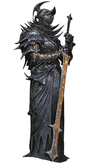 he image showcases a detailed statue or figurine of a female knight clad in dark, ornate armor. the armor is black with intricate detailing and sharp, angular protrusions, giving it a gothic and grim aesthetic. the knight holds a large, ornate sword, with a goldenorange blade, in her right hand.  her helmet is partially visible, and she appears to be standing in a regal, yet menacing pose. the overall style is consistent with dark fantasy art, suggesting a character from a video game, tabletop game, or similar medium. the background is plain white, isolating the figure and emphasizing its details. the rendering style appears to be a highquality 3d render, or a very detailed painting mimicking 3d rendering.