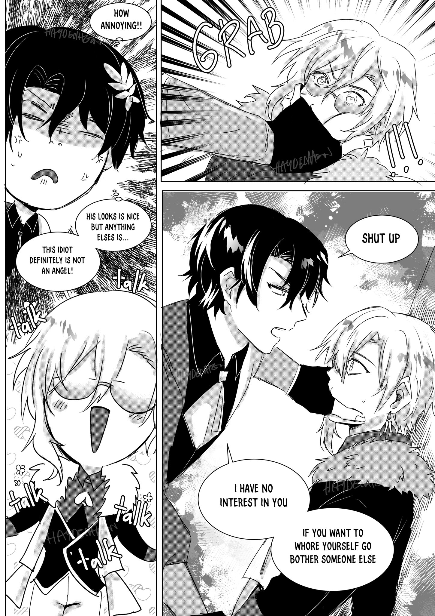 this is a page from a manga comic book. it features several characters with speech bubbles containing dialogue. the characters are engaged in an angry, emotional interaction. one character is annoyed and tells another character that he is not interested in the other character's advances.  the other character becomes more frustrated and tells the first character to shut up. the characters are wearing school uniforms and appear to be teenagers.  the comic is in black and white.