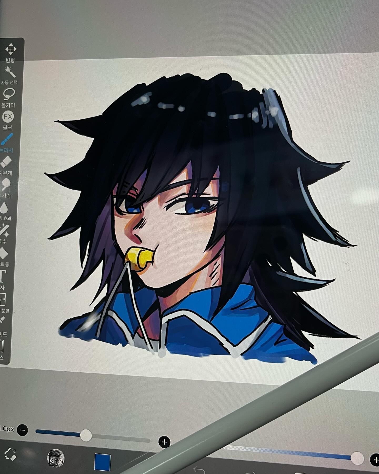this image showcases the digital drawing process of giyu tomioka, a popular character from the anime and manga series demon slayer. the artwork, still in progress, captures a closeup of giyu's face. his distinctive black hair with blue tips and stoic expression are clearly depicted, hinting at the character's personality. the presence of digital art software tools along the border emphasizes the digital creation process.