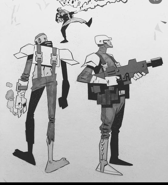 a black and white illustration of three characters in a scifi setting. on the left side of the illustration, a large robotlike character is standing with a futuristic weapon in its hand. on the right side of the image, a character wearing a futuristic helmet, armor, and a gun is standing. in the background, a figure with a futuristic rifle is running away from the viewer. the characters are all depicted in a dynamic pose. the style of the illustration is minimalist and stylized.