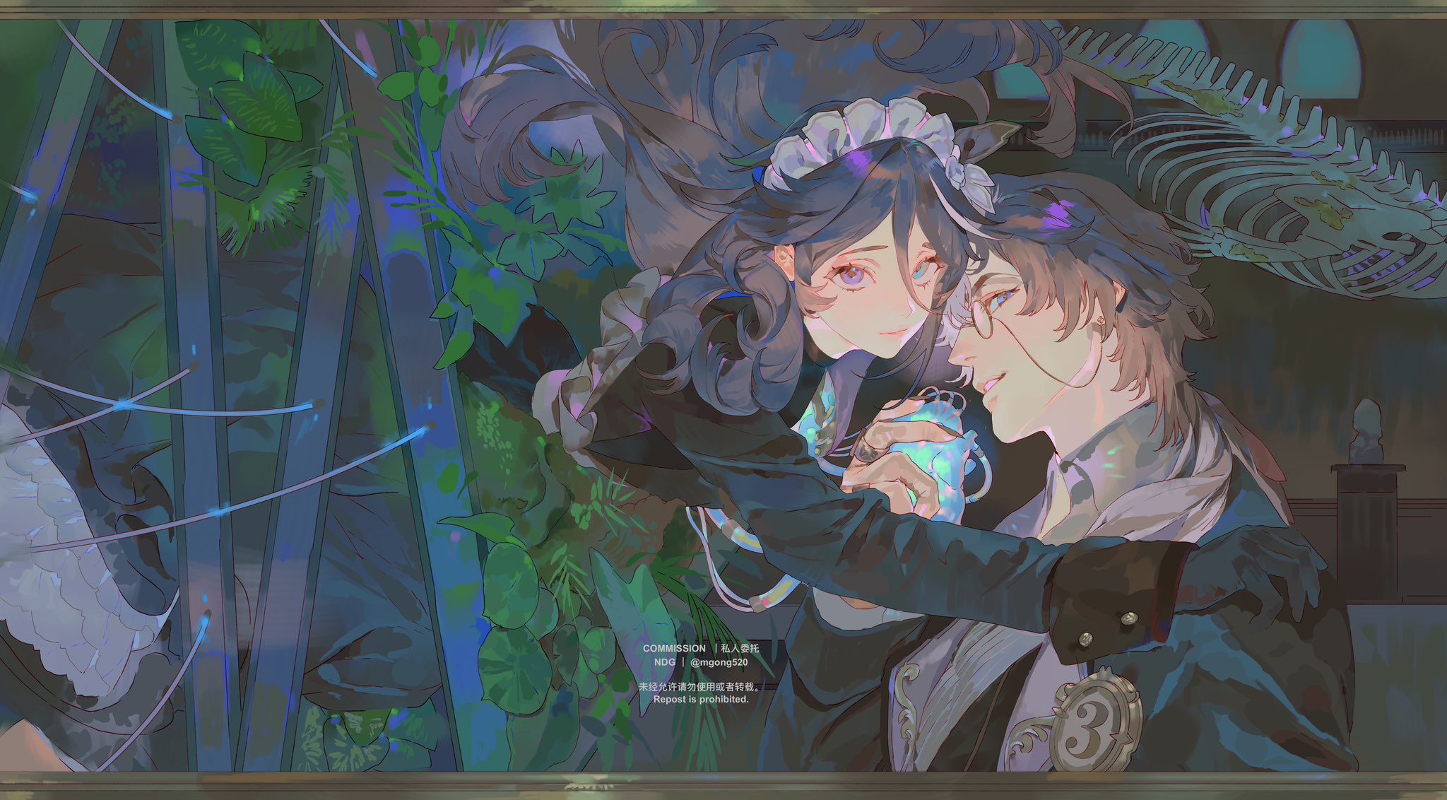 an animestyle image shows two characters. one is a female wearing a maid outfit, with long dark hair and purple eyes. the other is a male with glasses, in a dark suit with a "3" badge. they hold a glowing potion together. in the background are plants, a skeleton display, and a framed border with text indicating a commission.