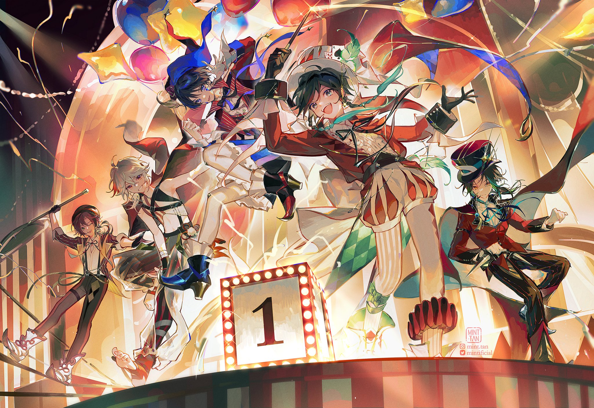 the image depicts a lively and colorful circus scene with five anime characters dressed in vibrant costumes, performing acrobatic feats and showcasing their unique talents.  the central figure, a young woman with long, flowing hair and a mischievous grin, wears a red and white outfit adorned with stars and  bows. she leaps through the air, her arm extended, holding a magic wand. behind her, a boy in a bright blue and white ensemble,  performs a  juggling act. in the foreground,  two clowns in red and black costumes, stand on the platform, seemingly balancing. to the left, a young man, also dressed as a clown, is performing a tightrope act. the background is a swirling mix of bright colors, balloons, streamers, and confetti, adding to the festive atmosphere. there is a large, illuminated sign displaying the number "1,"  signaling that these performers are the winners of the show. overall, the image captures the essence of the circus  a blend of excitement, spectacle, and fun   and suggests a story about the joy of teamwork, achieving goals, and celebrating success.
