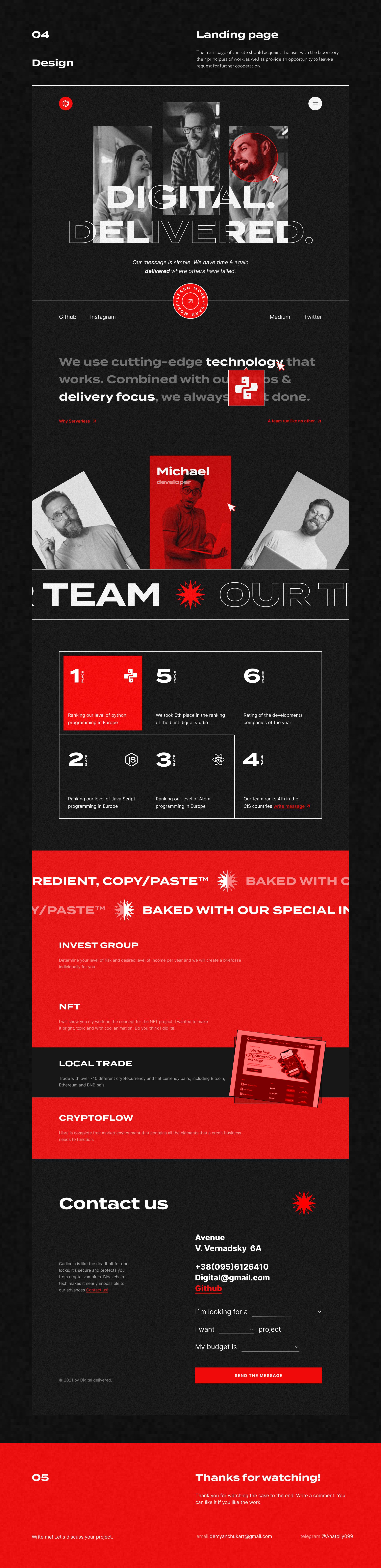 the image is a landing page design with a red and black color scheme. the header has the text "digital delivered" and a red star icon. below, the page explains that the team uses "cuttingedge technology" and "delivery focus". there is also a section highlighting the team with a list of numbers. below the team section, there is a section about "special ingredients". this page also has a contact section and a footer with the text "thanks for watching".