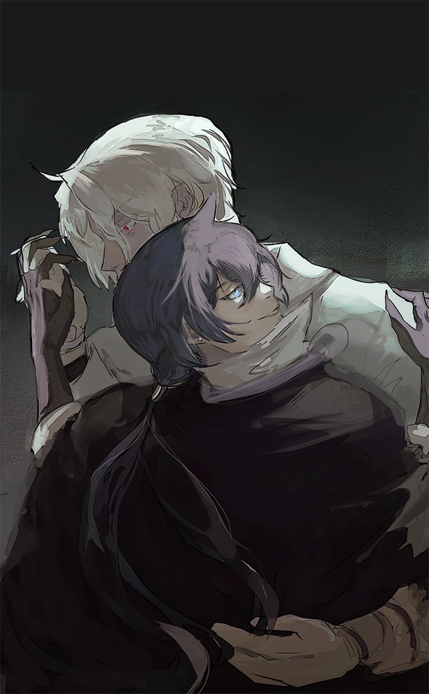 an image depicting two anime characters embracing each other. the person in the foreground is wearing black clothes and has purpleblack hair, while the other person is wearing white and has white hair. both men have their eyes closed as they are embraced in a hug. the background is dark and shadowed with the only light coming from the embrace of the two characters.