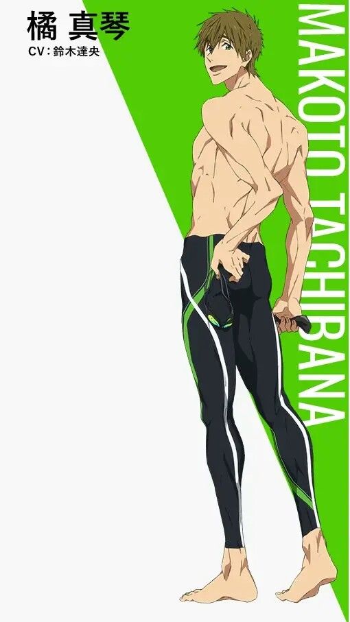this is an image of a young, muscular, anime character named makoto tachibana.  he has short green hair, and blue eyes. he is wearing a black swimsuit with green accents. he is standing with one leg bent, and a hand holding a swimming cap. there is green text in the upper left corner that says "makoto tachibana" and  "cv: 鈴木達央" in japanese. this indicates he is a character from a popular manga.