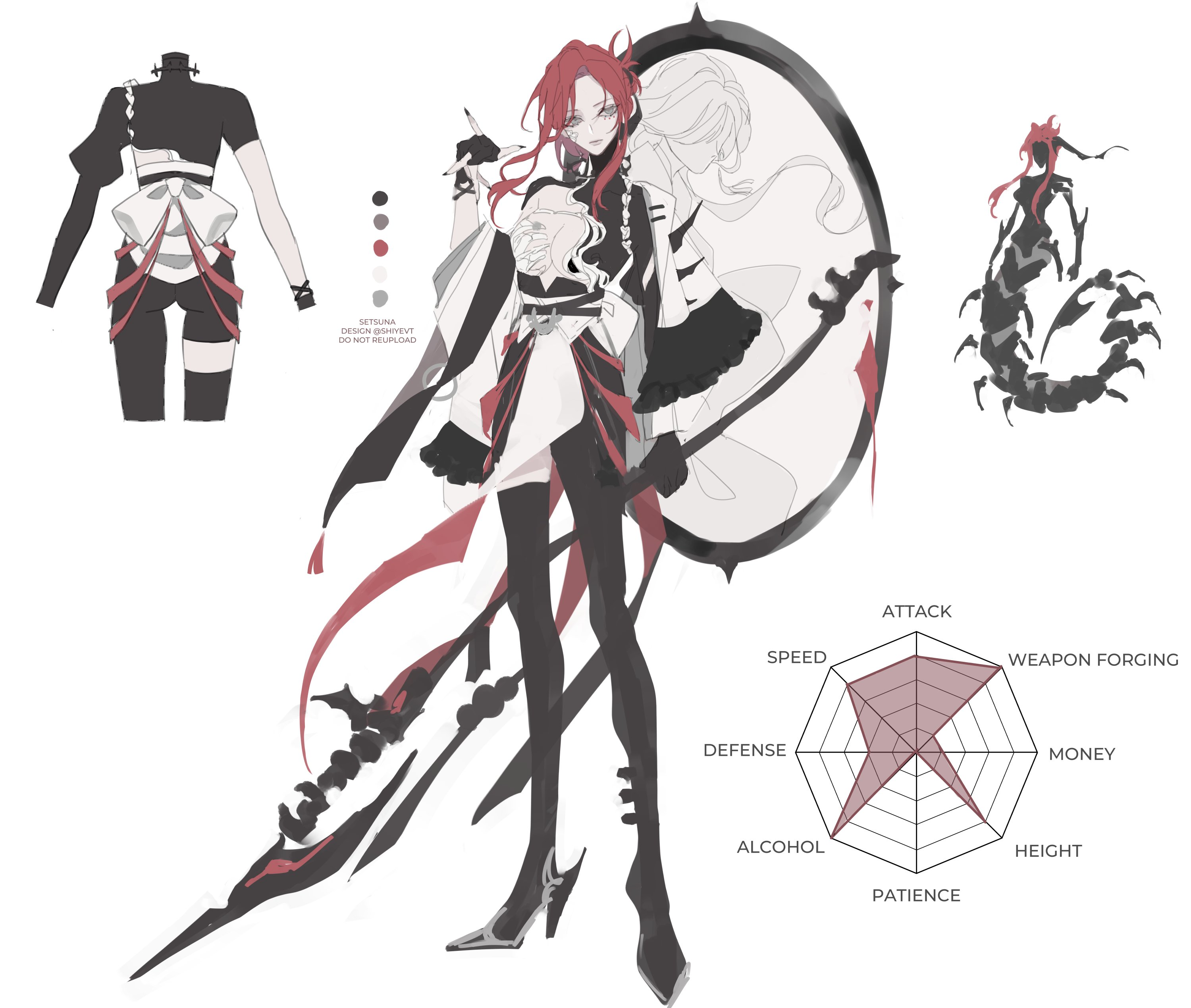 this image showcases a character design for a female warrior with red hair, styled in a maidinspired outfit with red and black accents. she wields both a sword and a staff, and possesses a scorpionlike tail. her outfit includes armor elements and a flowing white garment with red trim. the image includes front, threequarter, and back views of the character, as well as a stat chart highlighting her strengths and weaknesses.  a grayscale ghostlike figure of a woman stands behind the character, partially obscured by a large black circle. the overall aesthetic evokes a dark fantasy setting.