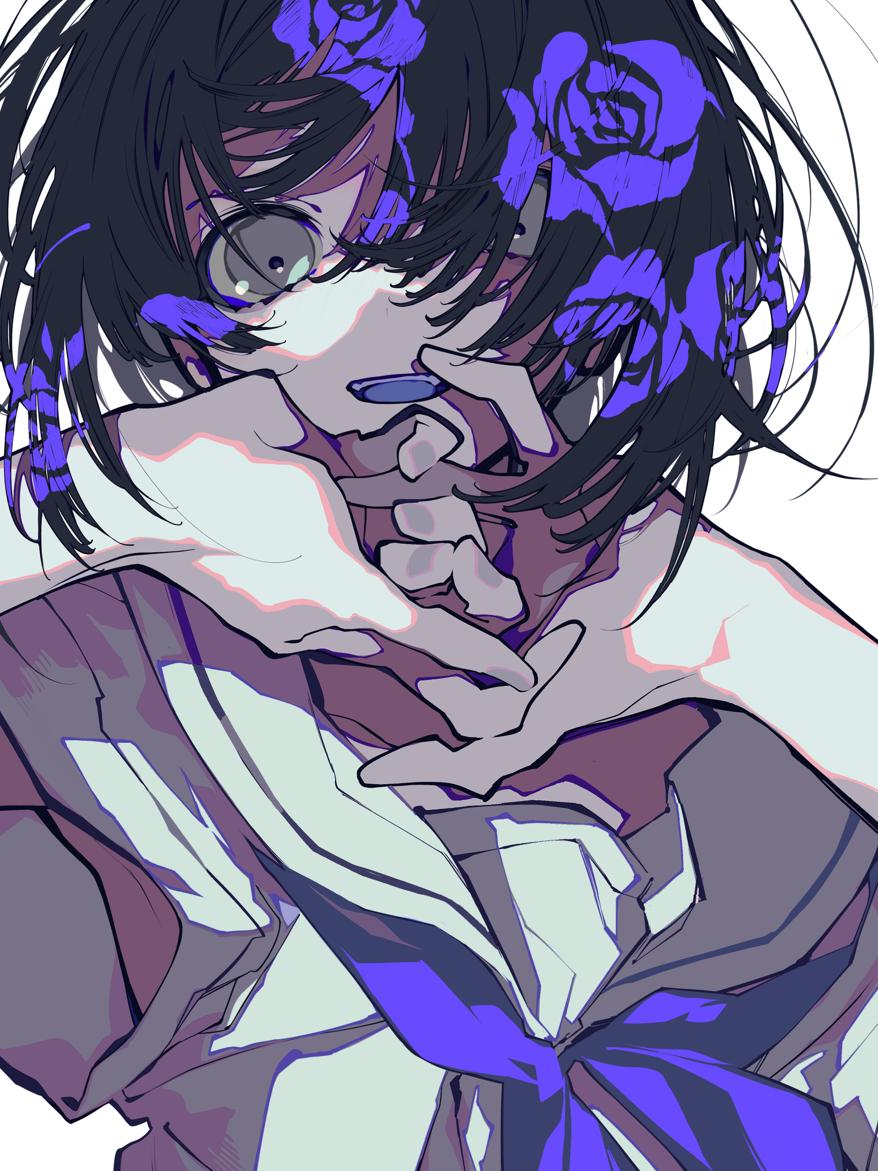 an animestyle illustration of a woman with short, dark hair adorned with purple roses. she is wearing a school uniform with a bow and has her hands positioned near her face. she has grey eyes and a serious expression.
