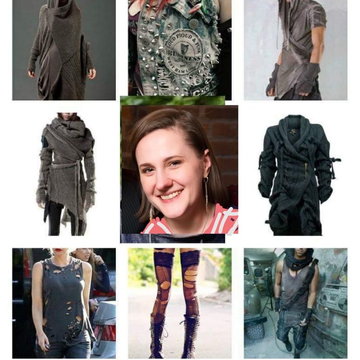 this is a collage of fashion inspiration images. each square contains a different model or style of clothing. the center image is a woman with a smiling face, wearing a bright red and white shirt.  the rest of the images showcase various styles of clothing. for example, there are some images of women wearing ripped jeans, leather jackets, and boots. there are also some images of men wearing black leather jackets and cargo pants.  the overall aesthetic is grunge and punk.