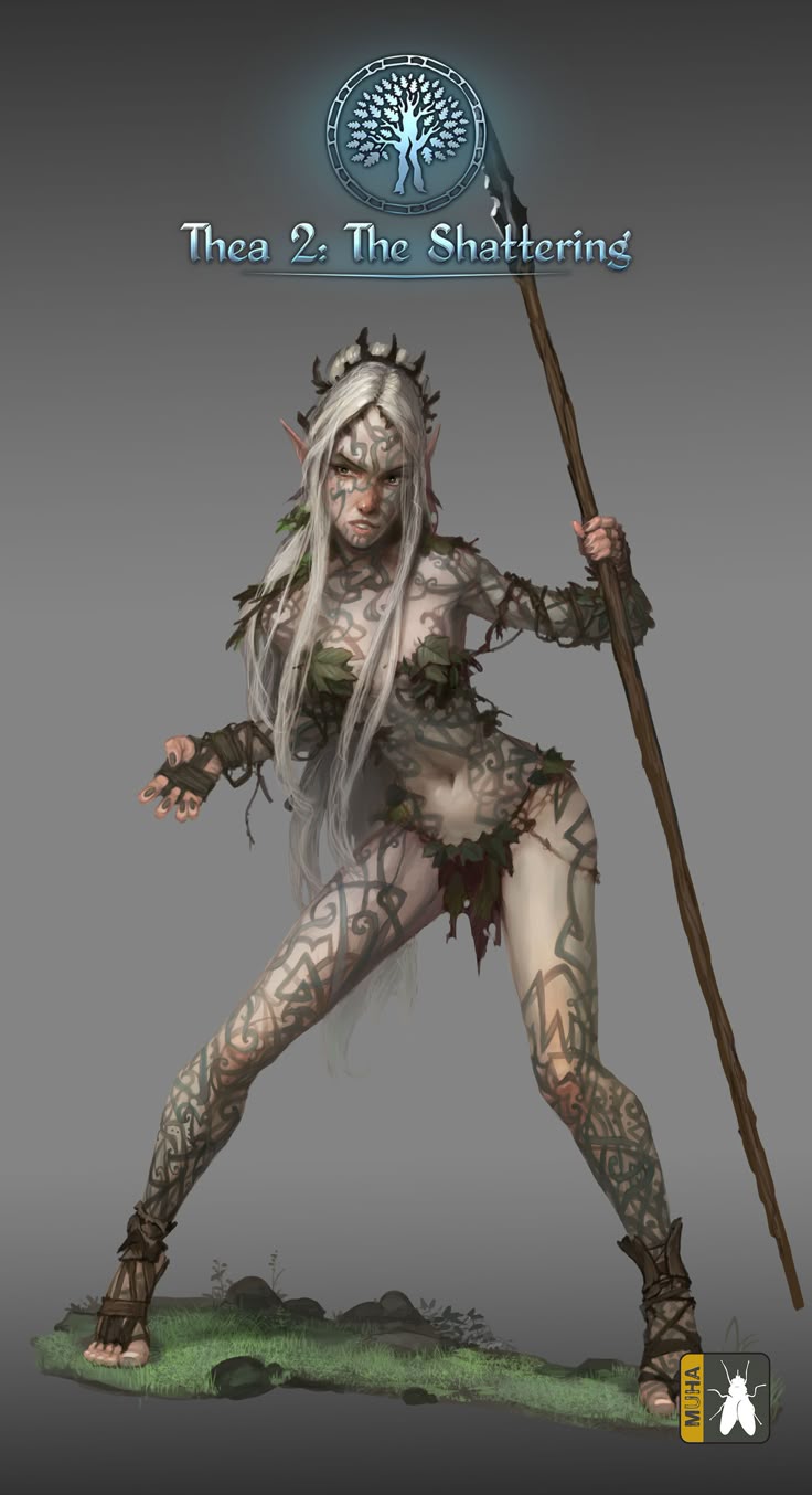 a digital art image depicting an elf warrior from the video game thea 2: the shattering. the female elf stands in a fighting stance, holding a wooden spear. she has white hair, is adorned with leaves, and wears a crown of branches. tattoos cover her body. the game's logo, featuring a tree symbol, is visible at the top.