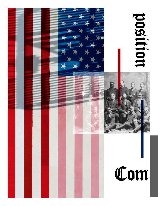 the image is a collage featuring a faded american flag, a black and white photo of a group of welldressed black men, and the words "position" and "com." the photo is placed on top of the flag, and the words are positioned vertically on the right side of the image, with "position" above "com." the photo appears to be from the late 19th or early 20th century and shows the men in suits and hats, posing for the camera.