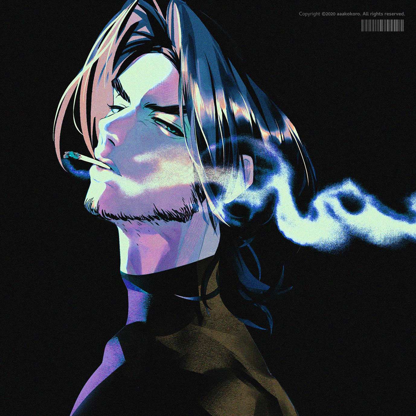 a digital illustration of a man with long, dark hair smoking a cigarette. the art style is animeinspired with a focus on sharp lines and dramatic lighting. the background is black, and the man's face and the smoke from his cigarette are illuminated by cooltoned neon light, creating a sense of mystery and atmosphere. the overall mood is stylish and edgy.