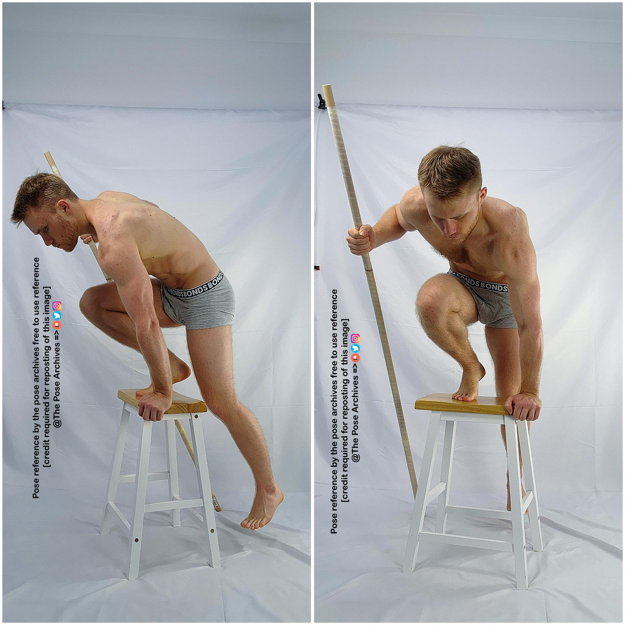 a collage of two photos showing a muscular man in grey underwear posing balanced on a stool and holding a long wooden dowel. the background is white, and the man is lit with studio lighting.