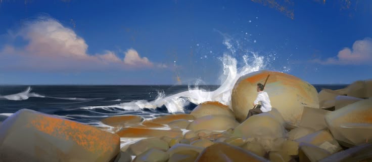 a man sits on a rock on a rocky beach with a stick in his hand. waves crash against the rocks, and there are clouds in the blue sky. the scene is bathed in sunlight.