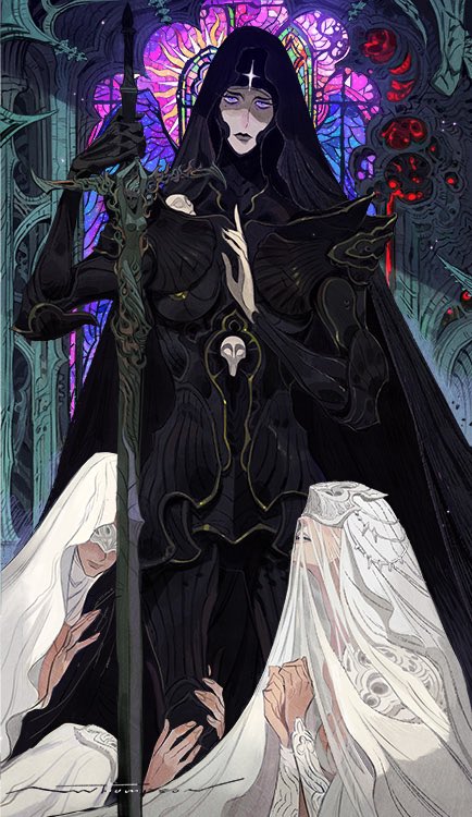 the image depicts a woman in a black hooded cloak and armor, holding a large sword, kneeling in prayer in a church setting, surrounded by stained glass windows. she is surrounded by two women in white, one in a white dress with a veil and the other in a similar white dress with a veil. the woman in the black hooded cloak appears to be a holy figure or warrior, while the women in white seem to be worshipping her or praying to her. the image is filled with dark and mystical elements and evokes a sense of faith and spirituality.
