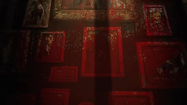 the image shows a dark wall covered in picture frames that are splattered with red, likely blood. the scene evokes a sense of horror and spookiness, with grunge textures and shadows adding to the unsettling atmosphere.