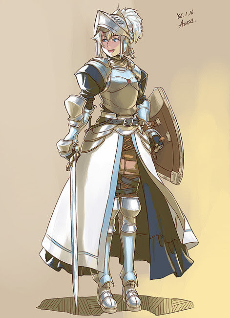 this is a colorful illustration of a female knight, with a white flowing dress and silver armor.  she holds a long sword in her left hand and a large round shield in her right. the background is a gradient of light brown and yellow.  the knight is in a heroic pose, ready for battle.