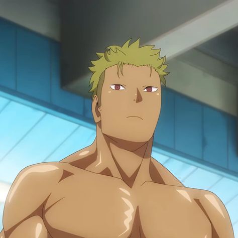 the image features a young, muscular man with short, spiky blond hair and a determined expression. he is shirtless, revealing a toned physique. the setting appears to be an indoor location, possibly a locker room or gym, with blue lockers visible in the background. the lighting is soft and natural, highlighting the contours of his muscles. the perspective is slightly low, emphasizing his imposing presence. content: character, man, muscle people: man environment: indoors, locker room, gym lighting: soft, natural perspective: low kw: muscular, blond, athletic, determined, shirtless, locker room, gym, anime