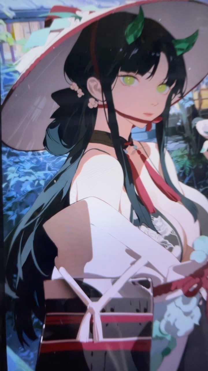 the image is a digital illustration of an animestyle girl. she has long black hair, green eyes, and small green horns on her head. she's wearing a large white hat with a red trim, a white dress with red ribbons, and what looks like a traditional japanesestyle outfit. the background is a blurry depiction of a blue and green landscape. the overall style is elegant and mysterious. the artwork is detailed and has a smooth, polished look.