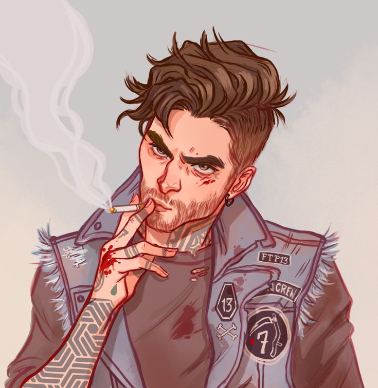 the image is a digital illustration of a young man with brown, slightly messy hair. he has a serious, almost intense expression on his face.  he is smoking a cigarette and his hand, which is intricately tattooed with geometric designs, holds it to his mouth.  he's wearing a light blue, ripped denim vest with patches and emblems featuring numbers (7 and 13) and other symbols, and also appears to have some blood stains on his vest and hand. he has a beard and stubble and additional tattoos on his neck. the style is very expressive, almost semirealistic, and combines elements of grunge and edgy aesthetics. the background is a simple, light grey wash. the overall mood is dark, brooding, and stylish.