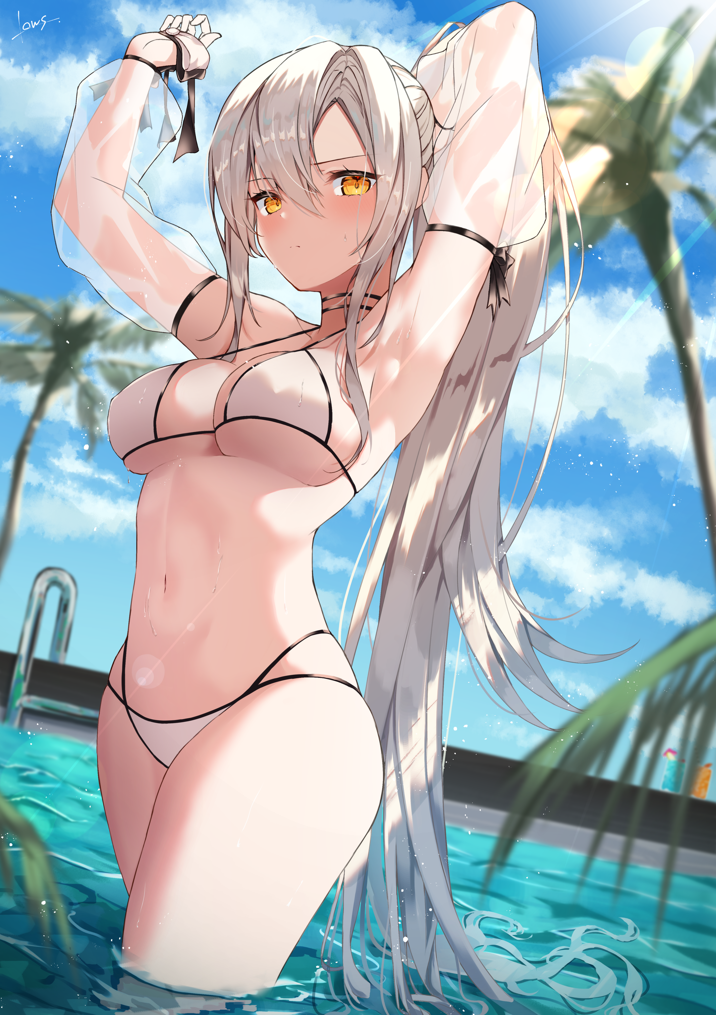 the image is a digital illustration of an animestyle woman with long, silvergrey hair pulled back into a ponytail. she's standing in a swimming pool, partially submerged in the water, wearing a white bikini. the setting appears to be tropical, with palm trees visible in the background. the sun is shining, and the overall style is suggestive of summer.  her expression is fairly neutral, and her pose implies she's just gotten out of the water and is adjusting her hair or swimwear. the art style is detailed and smooth with a focus on rendering the character's body and hair. the colors are bright and vibrant, enhancing the summery atmosphere.