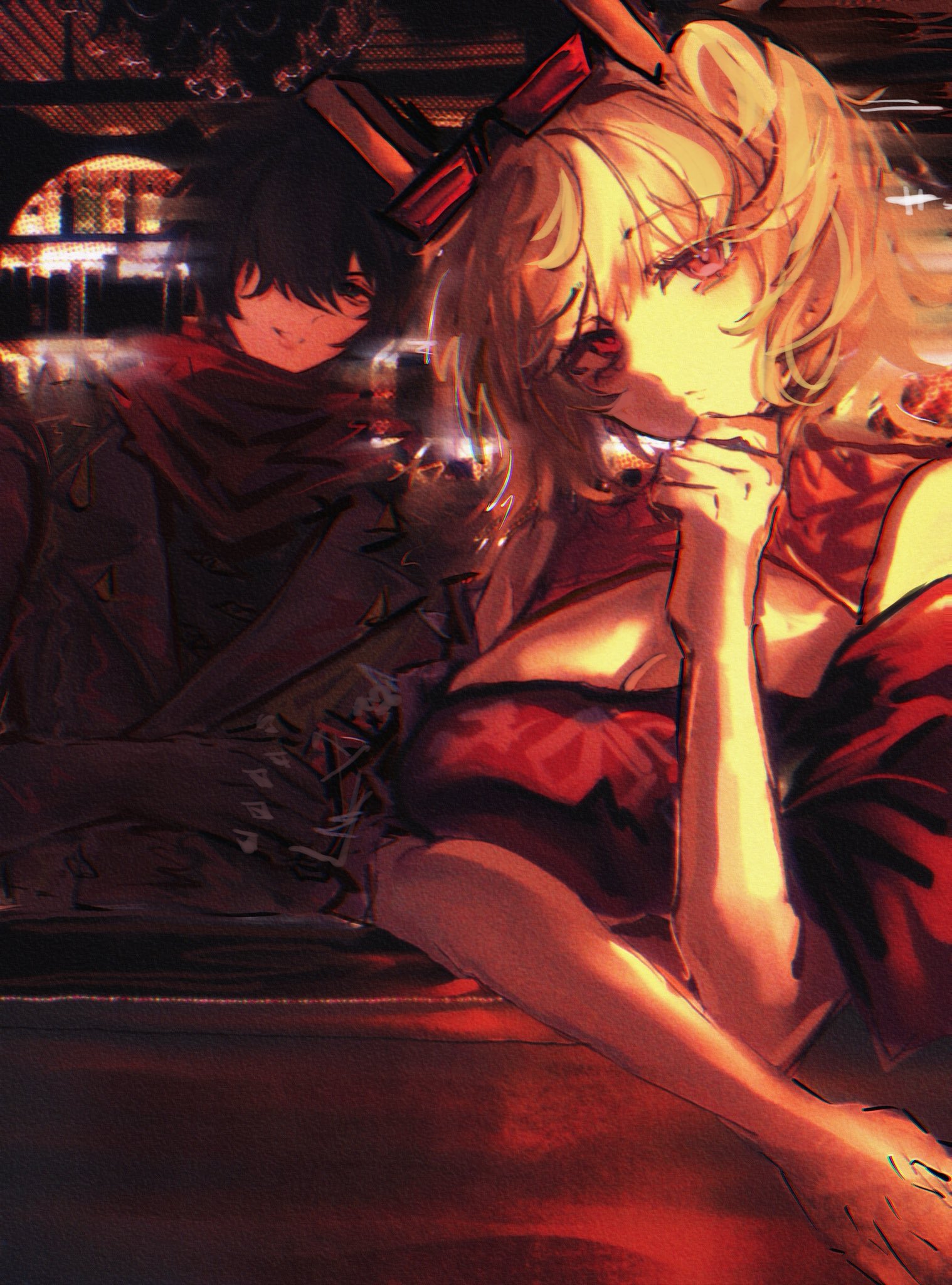 the image is a digital painting or illustration in an anime style. it depicts a closeup portrait of a young man and woman, possibly a couple, sitting closely together. the woman has long blonde hair,  is wearing a red dress, and has a thoughtful or pensive expression. she rests her hand near her face. the man has dark hair and is dressed in dark clothing.  the background suggests a nighttime city setting with blurred lights. the overall mood is romantic, intimate, and somewhat mysterious due to the dark tones and expressive faces of the characters.  the art style is highly detailed and uses warm, saturated colors, particularly shades of red, to create a dramatic and emotional atmosphere.