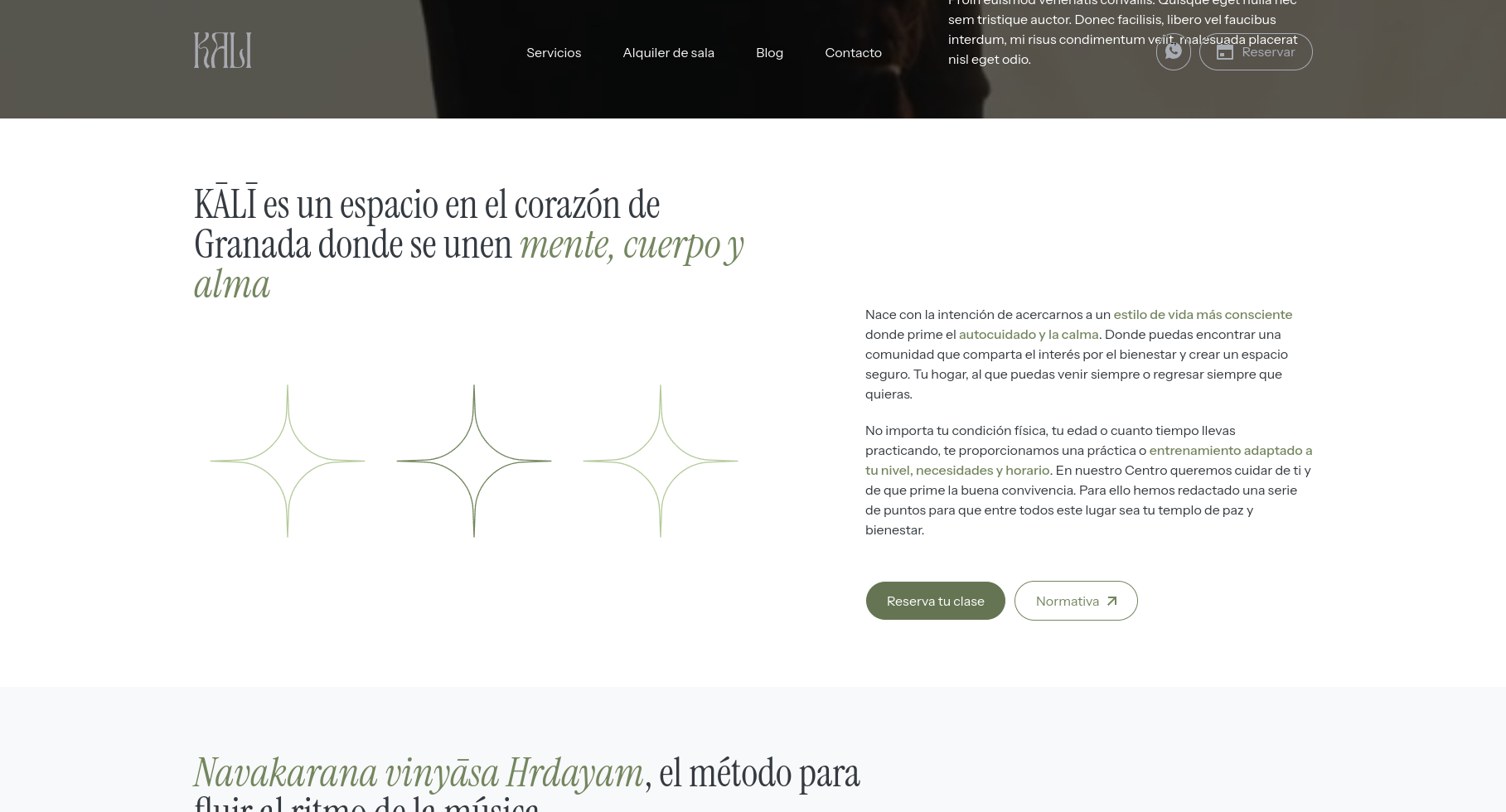 this is a website for a yoga studio in granada, spain. it features a simple and calming design with a focus on the studio's commitment to mindfulness and wellbeing. it also highlights the specific yoga practice it offers, navakarana vinyāsa hrdayam, which it describes as a method for "flowing to the rhythm of music". the website also includes a call to action to book a class, with a link to a booking page.
