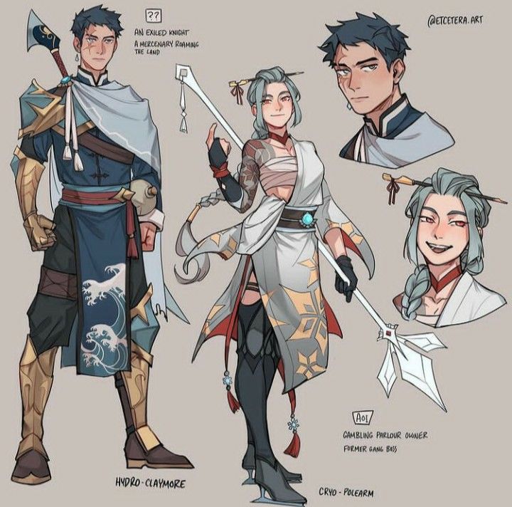 the image contains four character illustrations in an anime/manga style, likely concept art for a video game or other fantasy media.  two main characters are prominently featured. one is a male exiled knight (hydro element) wielding a claymore, dressed in a style that blends traditional chinese and japanese elements. his attire includes a blue and gold outfit with a wave pattern. the other main character is a female (cryo element), a former gang boss, with pale skin, white hair, and a polearm. she has a more regal outfit featuring snowflake patterns and wears ice skates. two additional smaller illustrations depict headshots of the male and female characters, showing more detail to their facial features and expressions.  text indicates their descriptions and elemental affiliations.