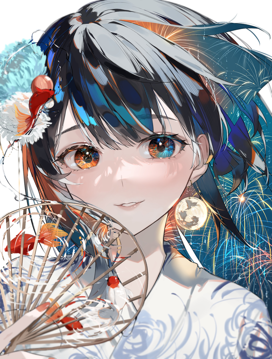 an animestyle image of a young girl with heterochromia (different colored eyes), wearing a yukata and holding a fan. she has a goldfish ornament in her hair and a moon earring. fireworks are in the background.