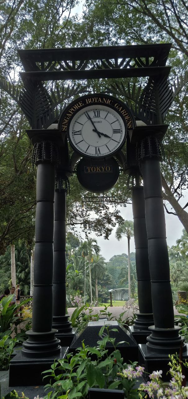 a black clock tower stands tall against a lush green backdrop. the clock face is white with black roman numeral hour markers and black hands. the tower is made of black metal and rests on a base of black stone. it is surrounded by lush green plants, trees and the beautiful gardens of the singapore botanic gardens. the tower is a beautiful and historic landmark in singapore.