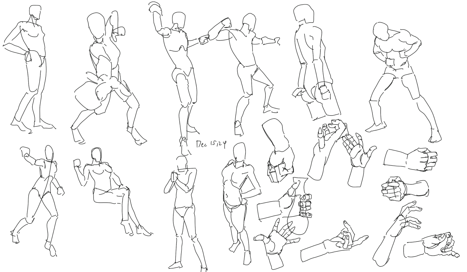 he image contains a collection of quick figure sketches and hand studies, all done in a simple line art style.  the figures are in various dynamic poses, some appearing to be in action, others in more relaxed stances. the hands are depicted in a variety of positions and gestures, showing different angles and perspectives. the overall style suggests a focus on capturing movement and anatomical form quickly and efficiently.  the sketches are not highly detailed but effectively convey the essential aspects of the human form.  a date ("dec 15'24") is visible near the center of the page.