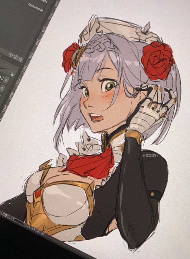 a digital art illustration of an anime girl character with white hair and green eyes. she has red flowers in her hair and is wearing a black dress with gold armor and a red ribbon. she is smiling cheerfully.