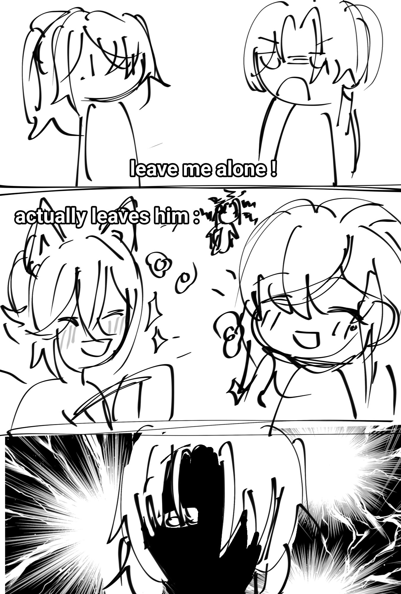 this is a comic strip showing a girl who asks to be left alone and then her friend actually leaves her. the comic strip is drawn in a simple, sketchy style with black and white lines. the characters are all drawn with exaggerated features and expressions. the comic strip is funny and relatable, and it captures the feeling of being left alone.