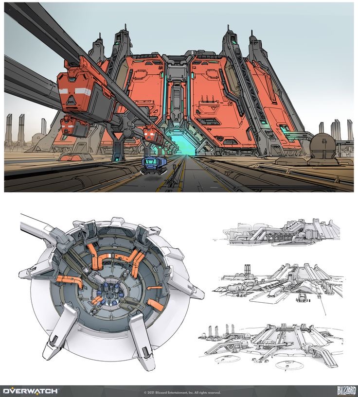 concept art for the overwatch video game shows a large, futuristic building. the building has an orange exterior and several windows. the building has a large opening at the front where a futuristic train enters. there are several drawings of the building shown in the concept art, showing different angles of it.