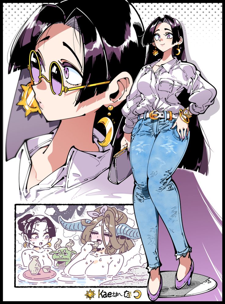 this image is an anime illustration featuring a woman with black hair, wearing a buttonup shirt, jeans, sunglasses, and high heels. she has moon and sun earrings and a gold bracelet. there's a smaller panel below showing her bathing with another character who has horns, and a small green monsterlike creature.