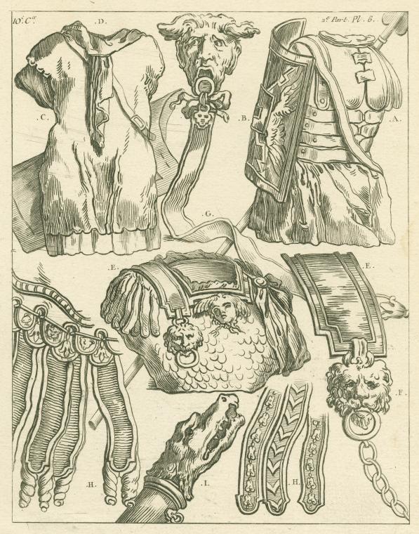 the image is a detailed illustration of various pieces of ancient roman armor. it includes depictions of a breastplate, shield, greaves, and decorative elements such as lion heads and sculpted details. the armor is intricately rendered with attention to detail, showcasing the craftsmanship of the time. the illustration appears to be from a historical or archaeological source, likely used to document and study ancient roman military equipment.