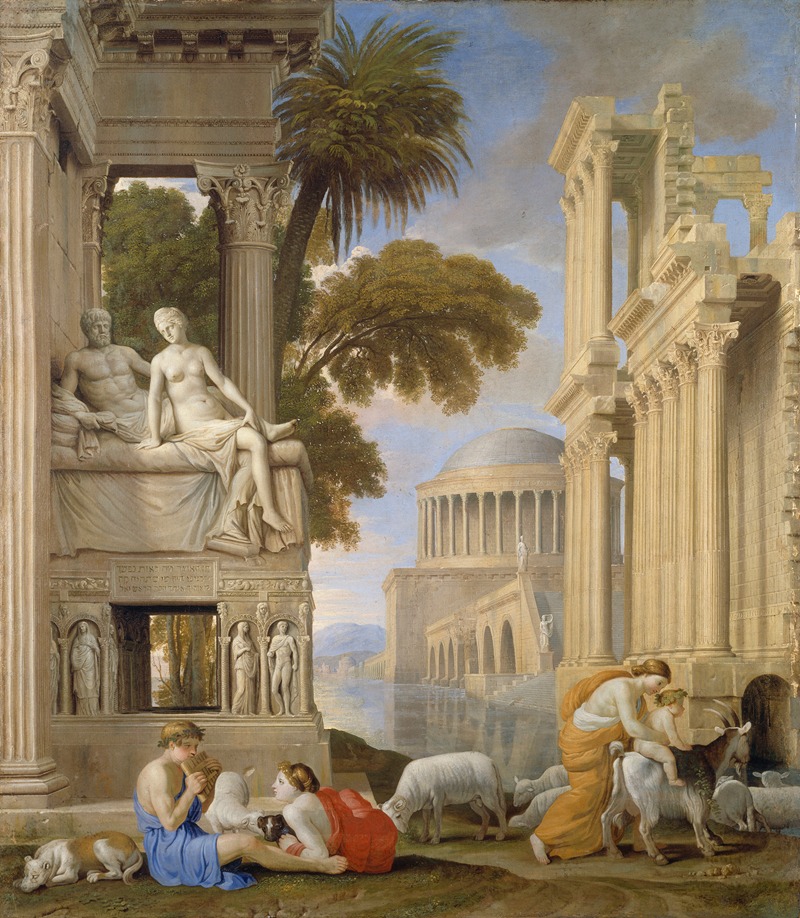 the image is a painting depicting an idealized landscape scene with classical ruins. a large templelike structure with columns and reclining figures is on the left side of the image. in the background, a classical building with a dome sits near a body of water. in the foreground, a shepherd is playing a musical instrument with another figure reclining next to him and a dog lying nearby. a woman in classical dress is assisting a child onto a goat, surrounded by sheep. the painting style is neoclassical.