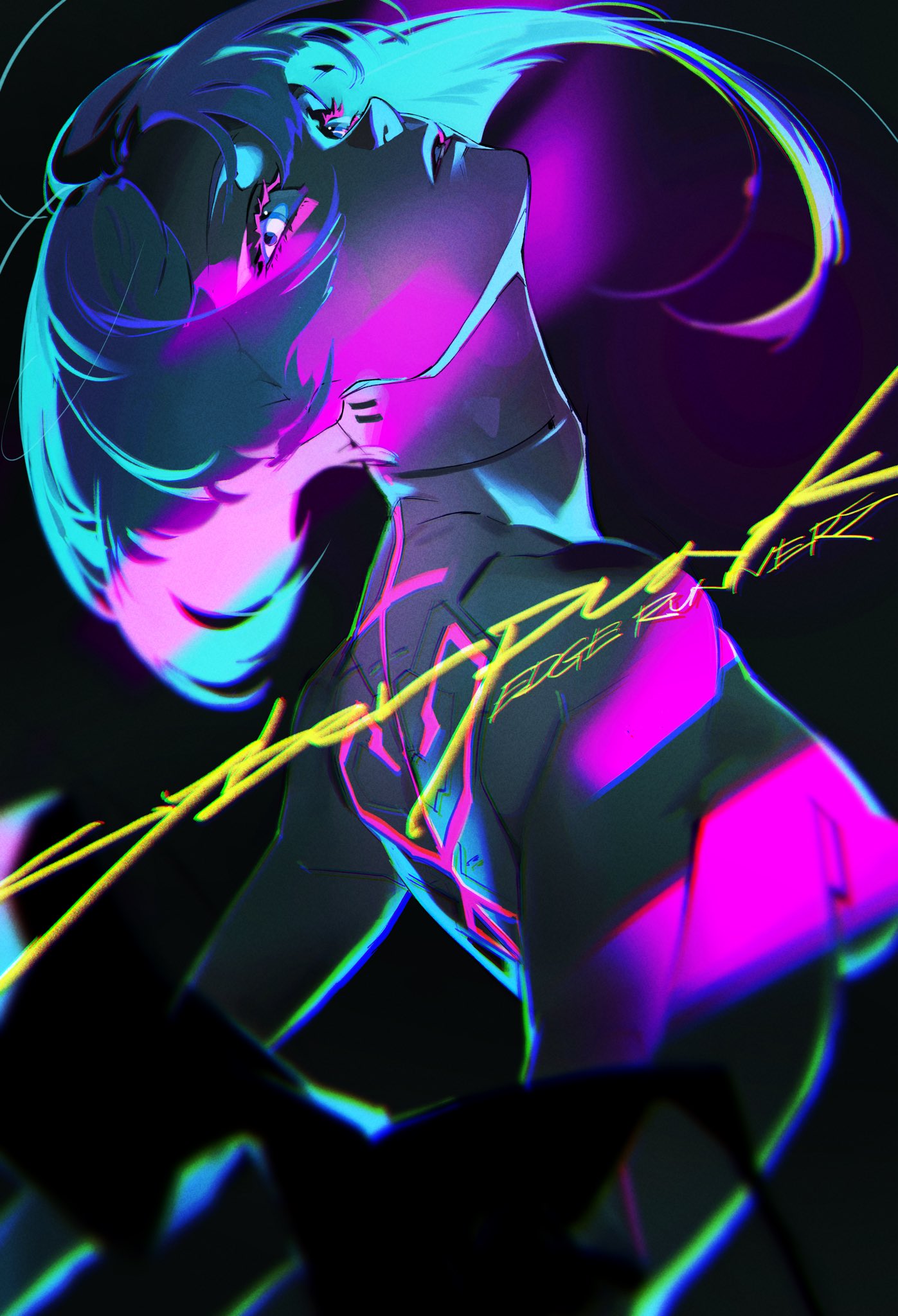 a cyberpunkinspired digital art piece.  a female character in the style of anime is depicted with a glowing, neon outline.  the image has an electric, almost holographic aesthetic, and features colorful, cyberpunkthemed lines and geometric designs.  there is an edge runner style writing to the right of the subject that reads "cyberpunk edge runner." the overall feel is a vibrant, almost fantastical portrayal of a futuristic, cyberpunk scene.