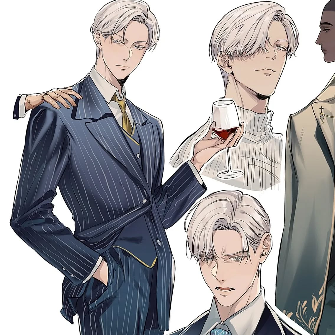 the image showcases a detailed illustration of a male anime/manga character in various poses and expressions.  the main focus is a meticulously drawn character wearing a navy pinstripe suit, gold tie, and a gold detail on his jacket.  there are three separate illustrations of the same character showing different angles and expressions – one showing him in a full suit, another holding a glass of red wine, and a third with a more serious expression.  additionally, there are smaller illustrations of part of his attire (a turtleneck) and a glimpse of another person wearing a beige coat, suggesting a possible scene or relationship.  the art style is clean and sophisticated, with a focus on detail and shading, emphasizing elegance and style.