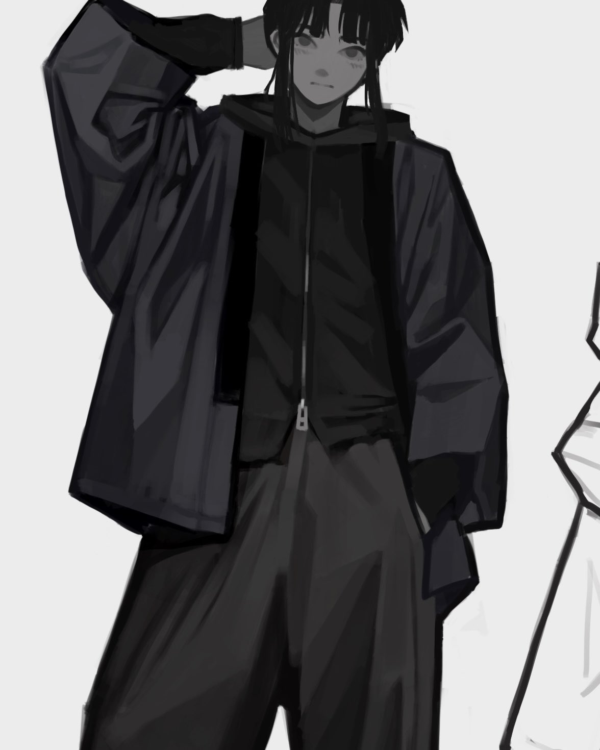 the image shows a stylized monochrome illustration or digital painting of an animestyle girl. she is depicted in a fashionable, darkcolored outfit consisting of a long jacket over a hoodie and loosefitting pants. her pose is relaxed yet stylish, one arm is behind her head, showcasing her confident demeanor.  the art style is minimalist, using mostly shades of gray to create a striking and somewhat elegant image.  the background is plain, focusing the viewer's attention on the figure.