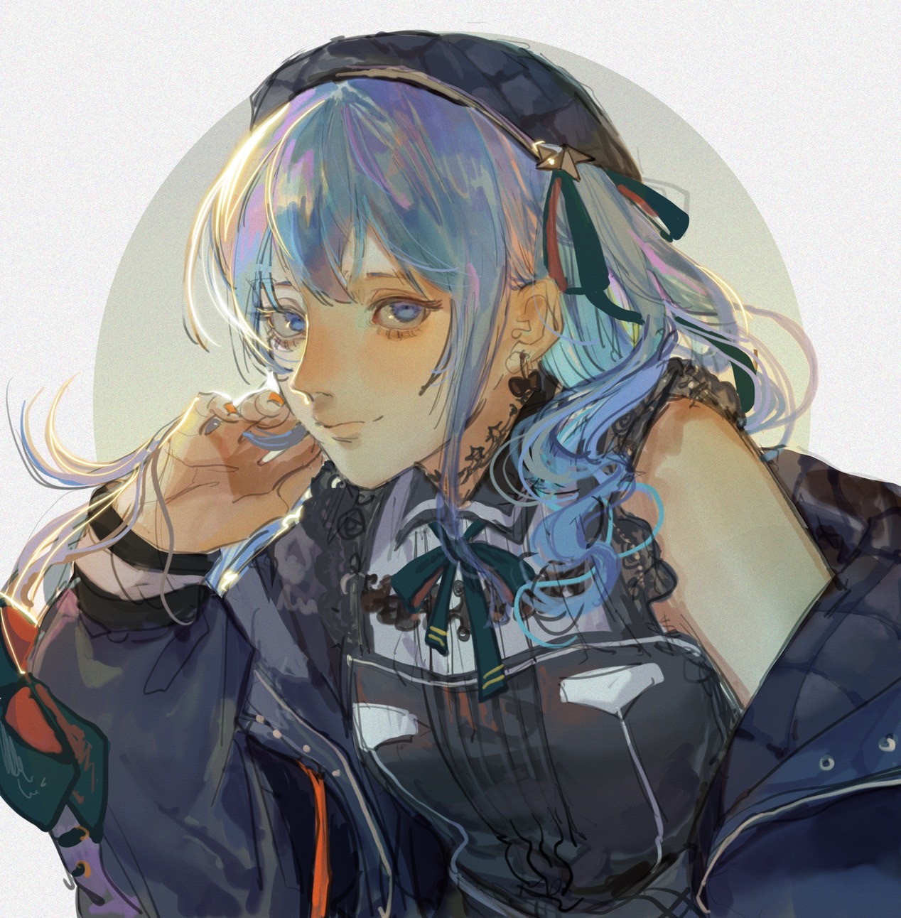 a digital illustration of an anime girl with blue hair. she is wearing a black jacket and has a gentle expression on her face. she looks to be in her late teens or early twenties. her hair is styled in two braids, with a black bow and ribbons adorning them. the image is drawn in a soft, stylized manner.