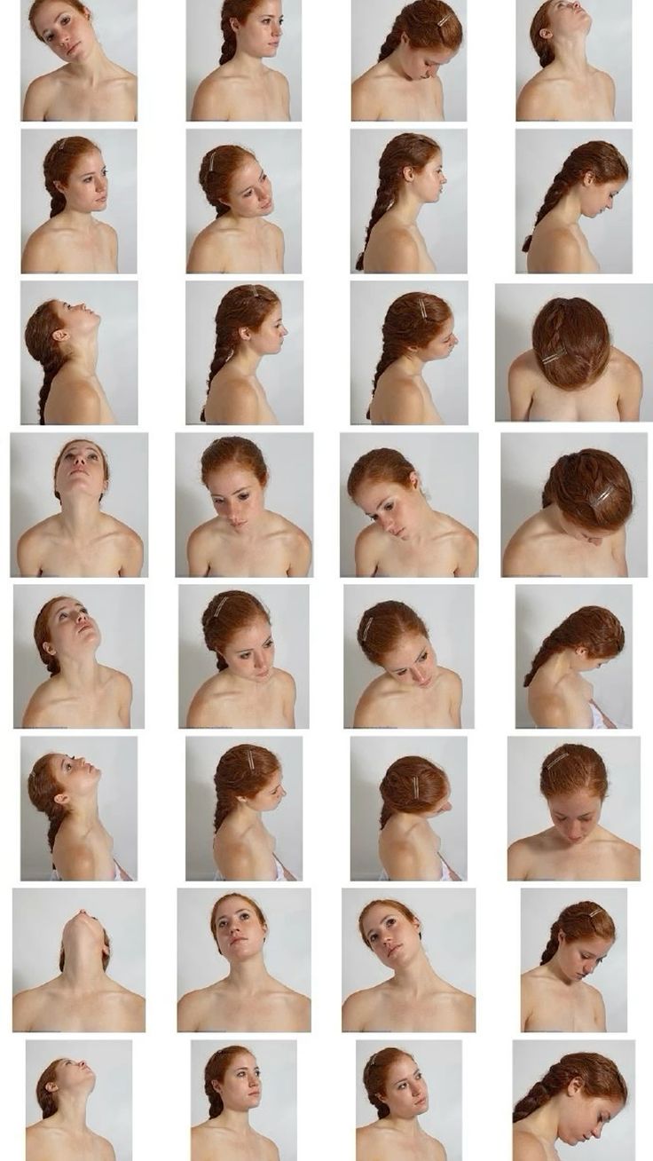 this image is a series of photographs of a young redhead woman, posing in different ways and looking in different directions. each photo shows her from the shoulders up. she is posing against a white background. she is wearing no clothing.  some of the photos have the woman looking at the camera. others have the woman looking to the side, or looking up or down.