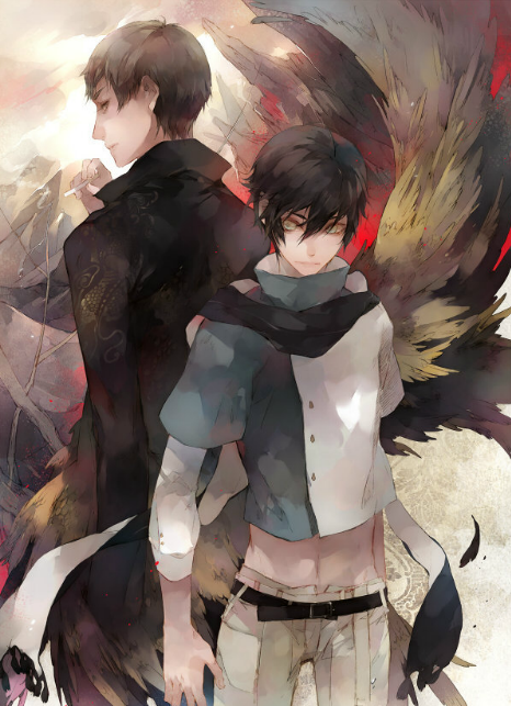 two young men are standing in profile. the man in the foreground has black hair and yellow eyes. he is wearing a white, blue, and black outfit. he has large black wings. the man behind him has short brown hair, and is wearing a black jacket over a white shirt. he is holding a cigarette.  the background is abstract and painterly.