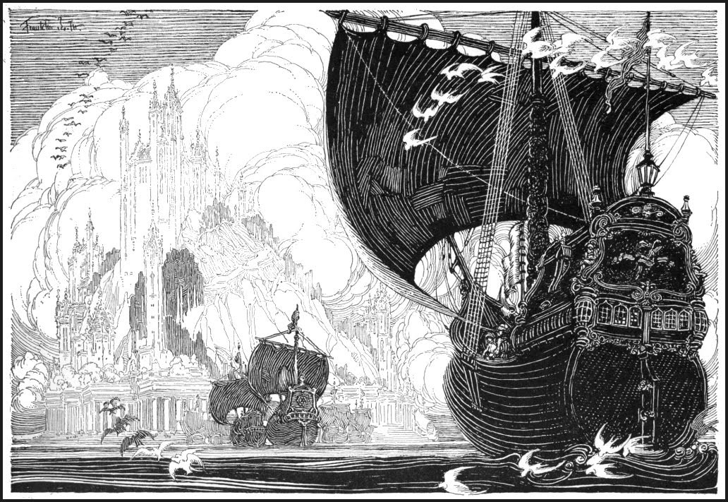 this is a black and white illustration or engraving, possibly a woodcut, depicting a large galleon sailing towards a city shrouded in clouds. the ship is highly detailed with intricate carvings visible on its stern. the city in the background features tall, gothicstyle architecture, suggesting a fantastical or imaginary setting. smaller ships can be seen in the distance. birds fly around the galleon and near the water. the style suggests art nouveau or a similar vintage aesthetic. the overall mood is dramatic and mysterious. the contrast between the dark ship and the lighter city is striking.
