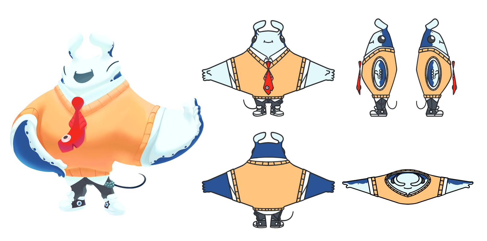 this is a digital illustration of a cartoon fish character. the fish has a blue and white body, is wearing an orange sweater, and has a red tie. the illustration is in a flat style and the fish is drawn in a cute, friendly, and playful manner. the illustration is a character design for a game or other digital media. the character is shown in multiple poses and angles.