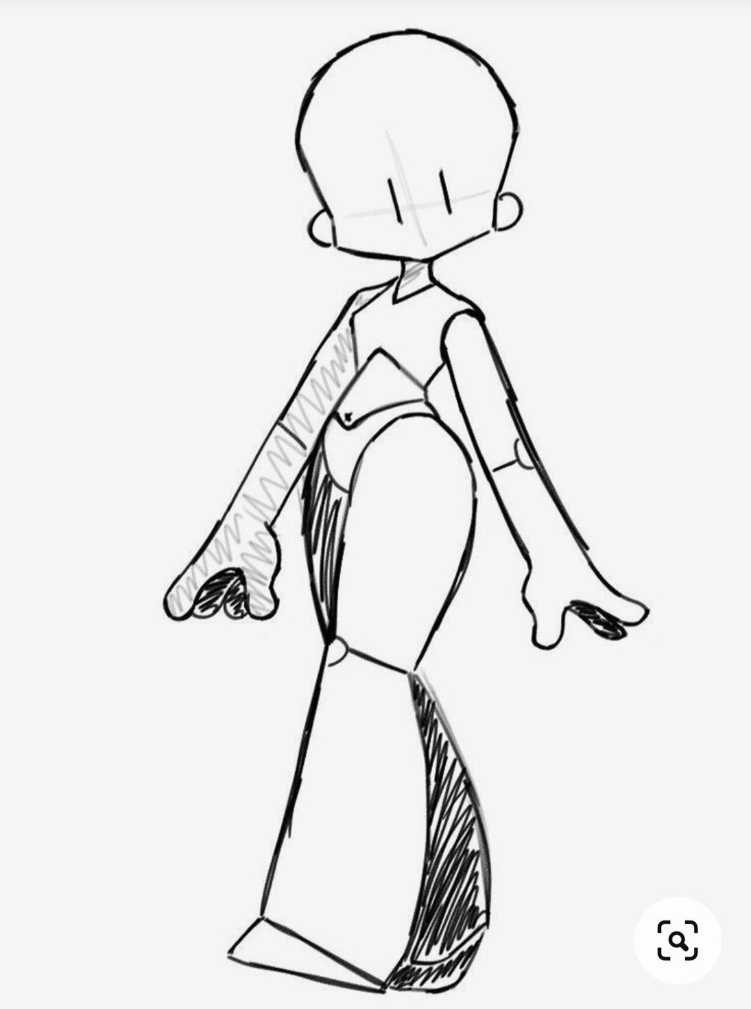 a line art drawing of a stylized figure from the side.