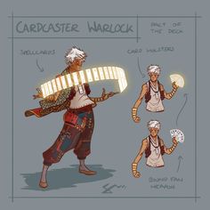a digital drawing of a male character concept for a "cardcaster warlock." the character is depicted in three poses, showcasing his attire and magical abilities. he wears flowing clothing adorned with cards and wields a deck that emits a glowing, curved beam of light. the drawing includes annotations labeling different aspects of the design.  the overall color palette is warm and earthy.